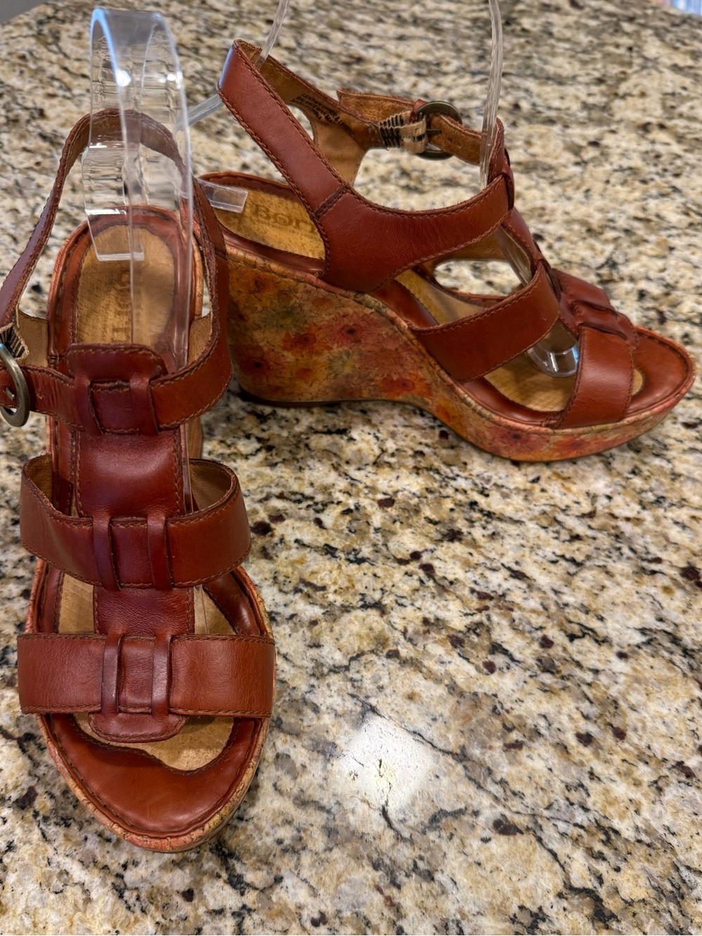Born brown leather floral wedge heeled sandals adjustable ankle strap SZ 9/40.5